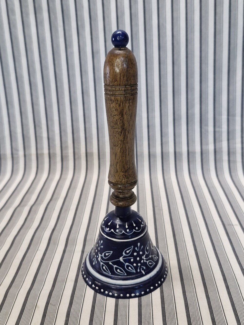 Decorative Blue Painted Metal Hand Bell Floral Design Wood Handle 10" Tall